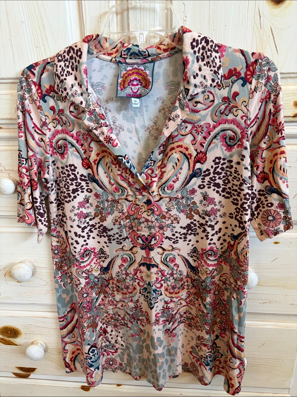 Johnny Was Pink Multicolor Paisley Collared Short Sleeve Top